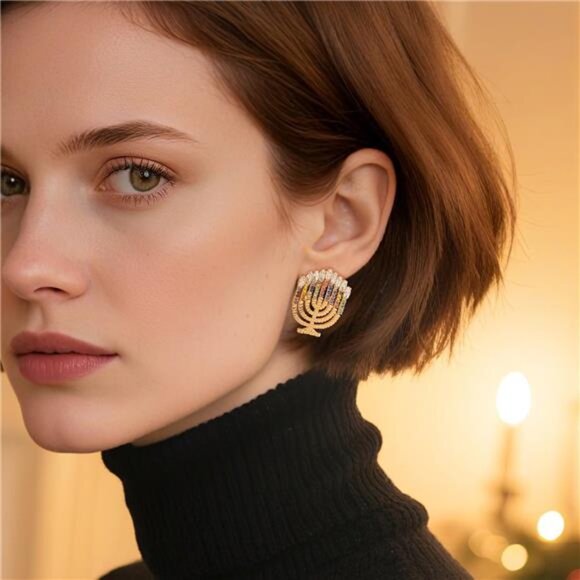 ✨ Festive Candle Christmas Earrings | Gold Crystal Dangle Jewelry - Picture 3 of 5